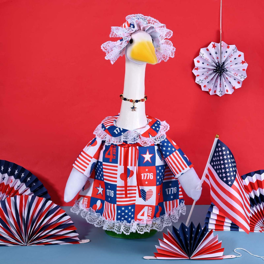 JcHrmers 4th of July Porch Goose Outfits Memorial Day Goose Outfit Fits 23" Plastic Cement Goose Statue Patriotic Goose Costume for USA 250th Anniversary Outdoor Garden Patio Yard Lawn Decor