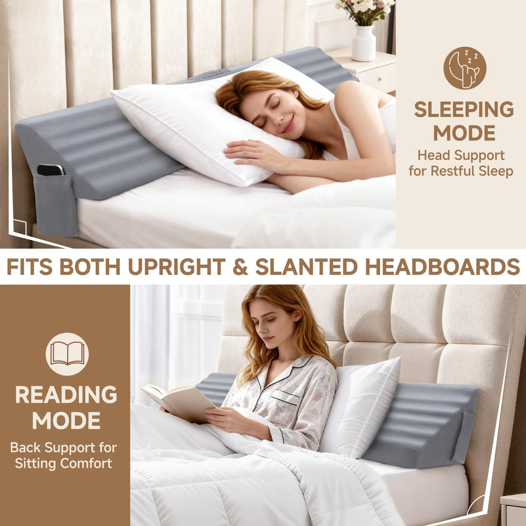 Queen Bed Wedge Pillow for Headboard Gap, Ergonomic Waves Bed Mattress Gap Filler(0-7") with High-Density Foam, Non-slip Bottom, Bed Gap Filler with Large Pockets & Washable Cover, Grey(60"x10"x6")