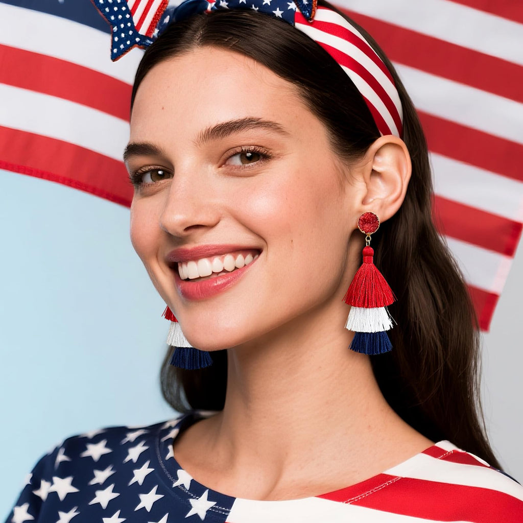 4th of July Earrings Red White Blue Patriotic Earrings for Women Dangle Tassel American Flag Earring 250th Anniversary USA Earring Memorial Independence Day 4th of July Outfits Accessories for Women