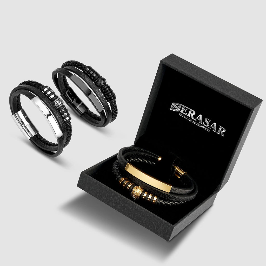 SERASAR Leather Men Bracelet Black Gold Steel Braided Jewelry Gift 8 inch