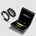 SERASAR Leather Men Bracelet Black Gold Steel Braided Jewelry Gift 8 inch