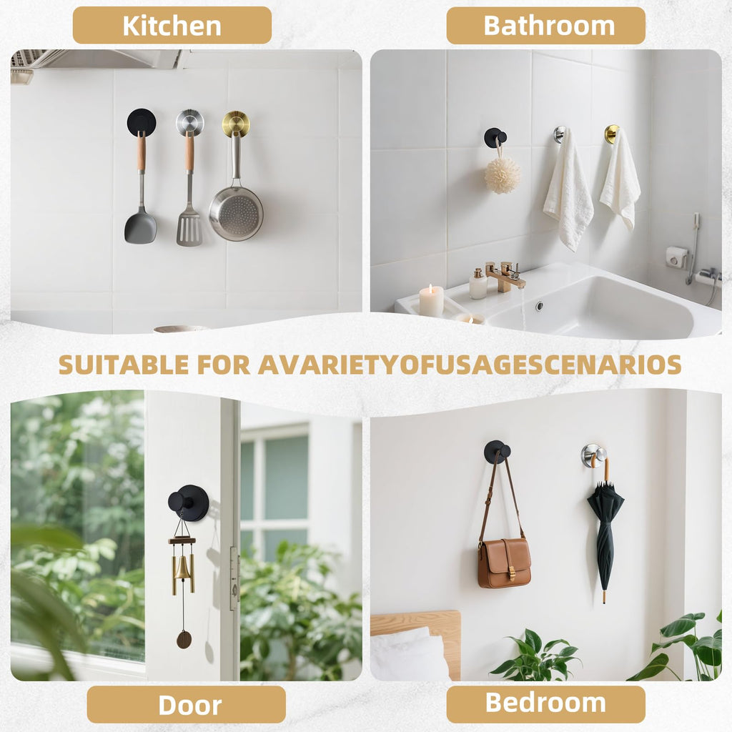 AuraHaven Suction Cup Shower Hooks for Inside Shower – 15 LB Heavy-Duty No-Drill Towel Hooks, Removable & Reusable for Towels, Robes & Loofah, Waterproof for Glass & Tile(4 Black)