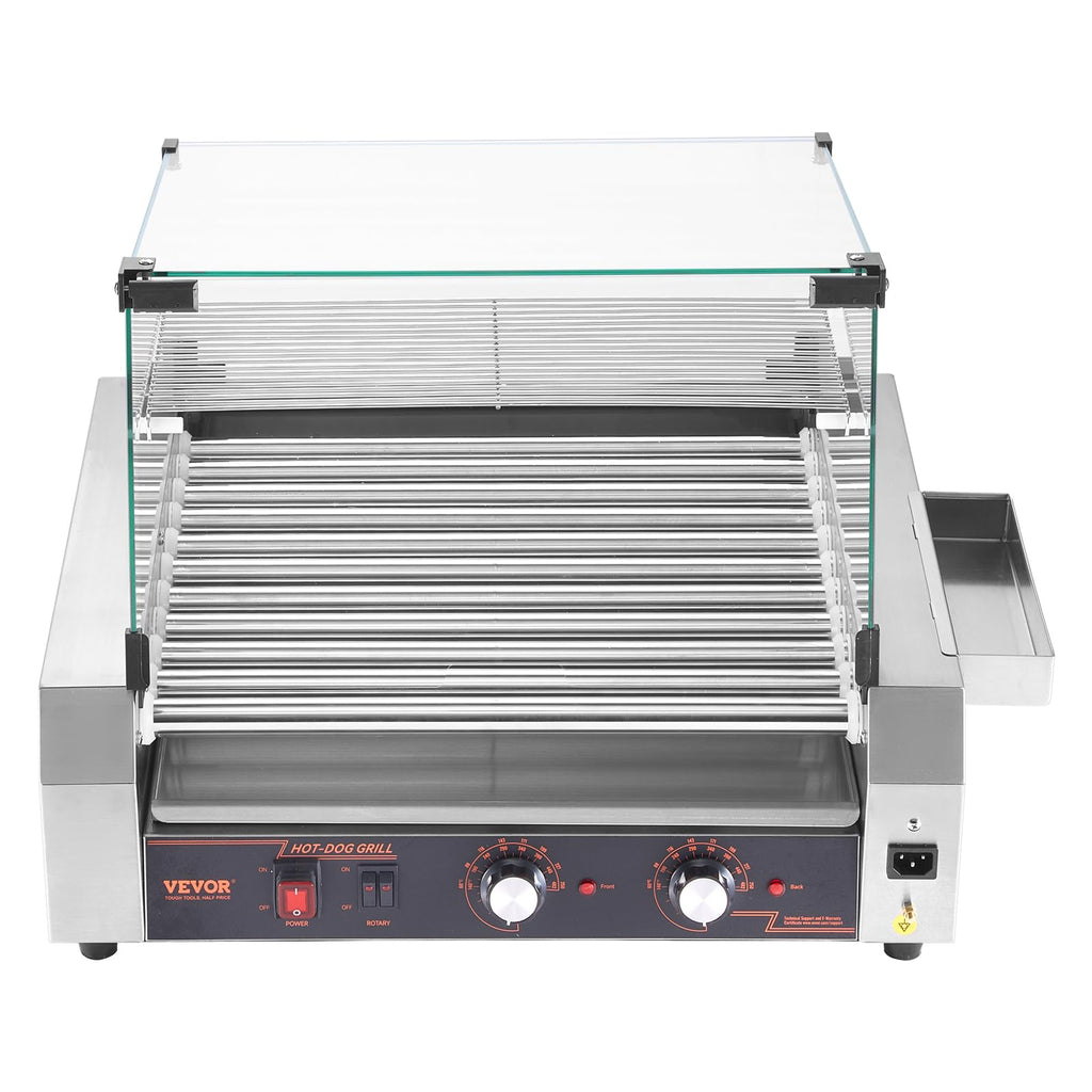 VEVOR Hot Dog Roller, 30 Hot Dog 11 Rollers, Stainless Steel Sausage Grill Cooker, 1600W Commercial Hot Dog Machine with Dual Temp Control, Cover, Side Storage Box, Removable Shelf & Oil Drip Tray