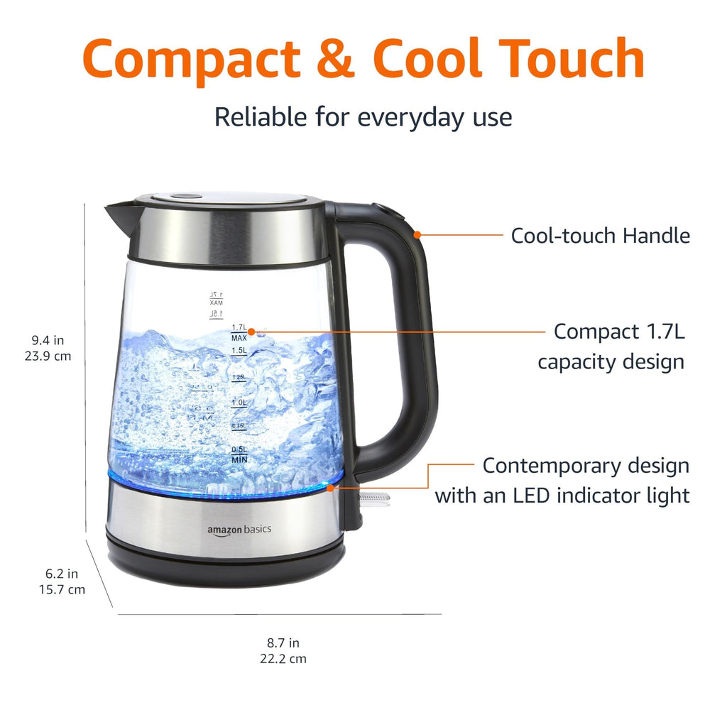 Amazon Basics Electric Kettle with Glass Carafe for Tea and Coffee, BPA-Free, Fast Boiling, Auto Shut-Off, Boil-Dry Protection, Water Level Indicator, 1.7 Liter, 1500W, Black and Silver