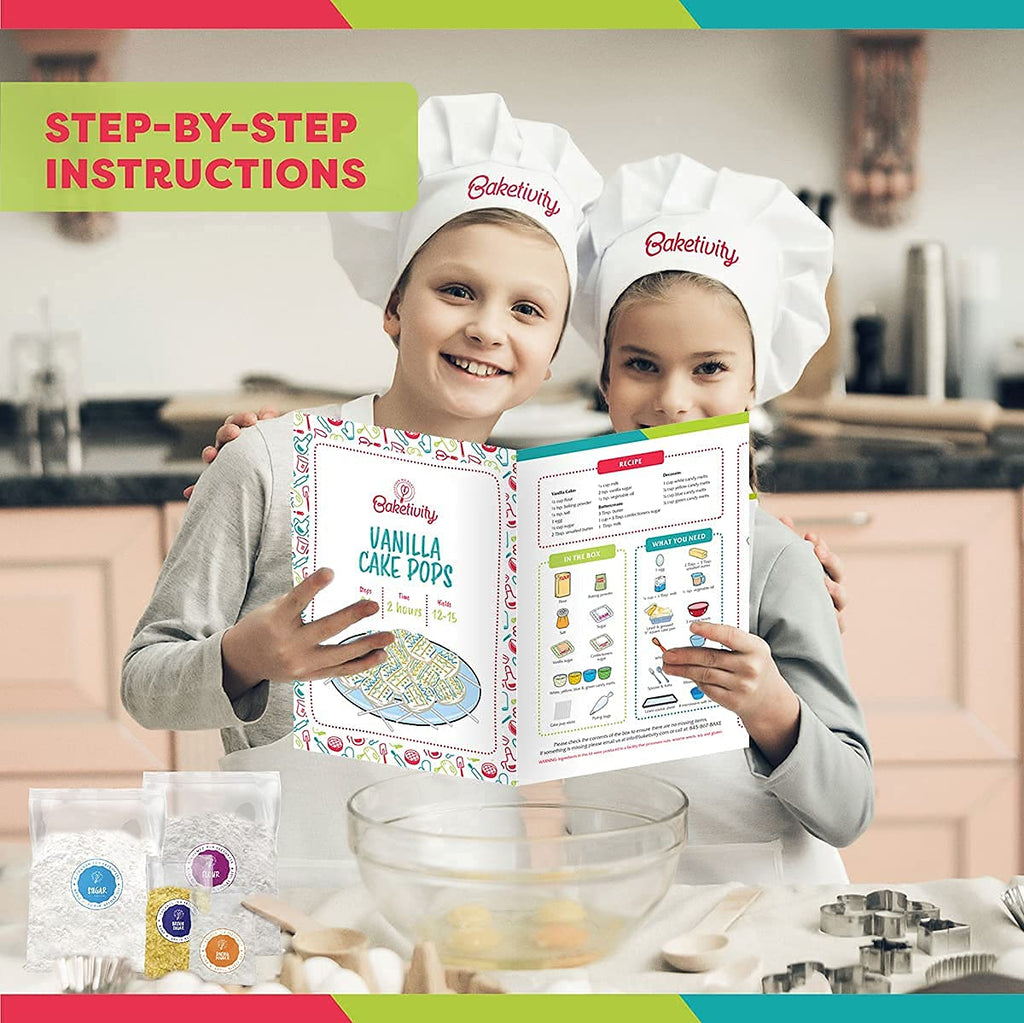 Baketivity Kids Baking DIY Activity Kit - Bake Delicious Vanilla Cake Pops with Pre-Measured Ingredients – Best Gift Idea for Boys and Girls Ages 6-12