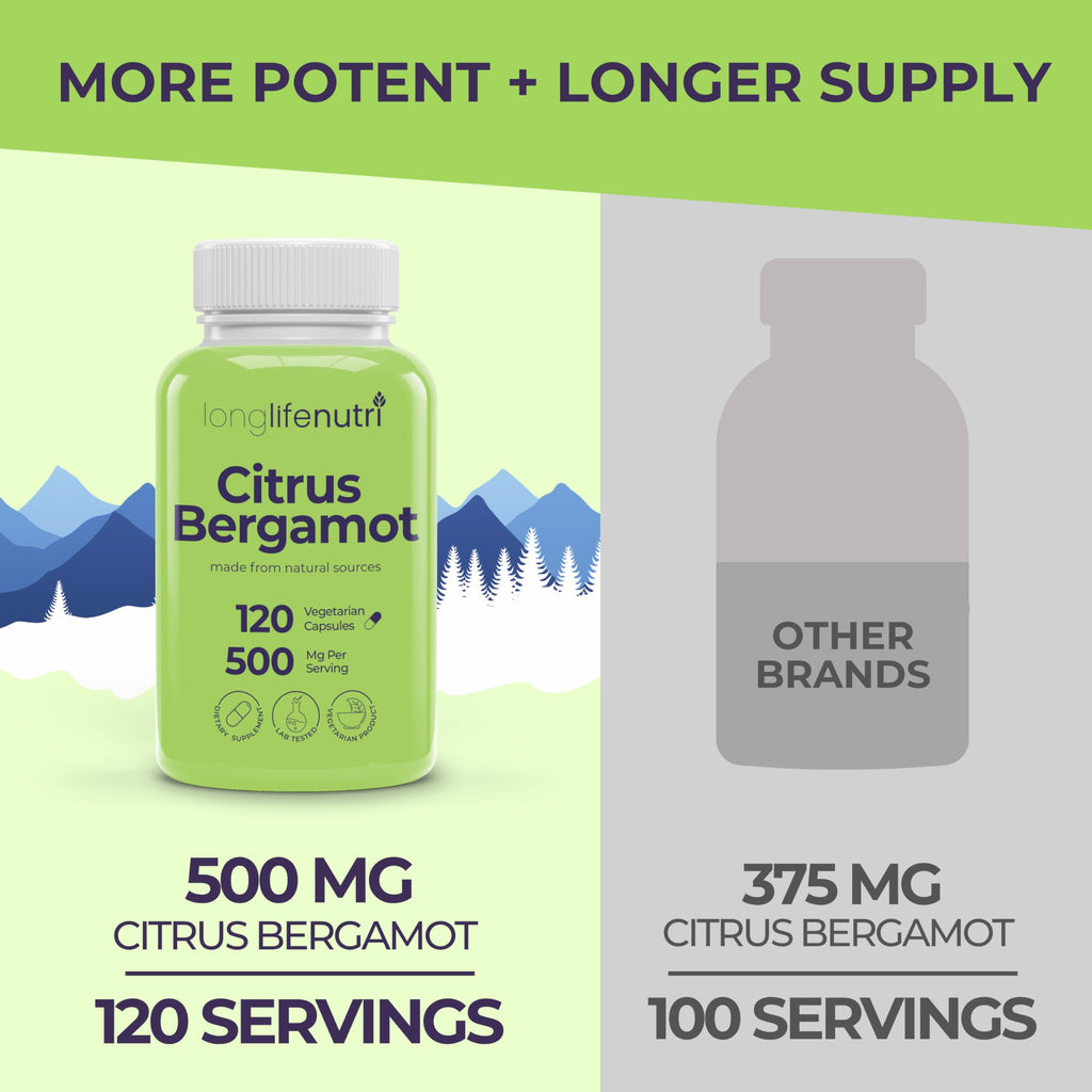 LongLifeNutri Citrus Bergamot Extract 500mg - 120 Vegetarian Capsules, 40% Polyphenolic Flavanones, 4-Month Supply, Plant-Based Anti-Oxidant, Tested, Made in USA