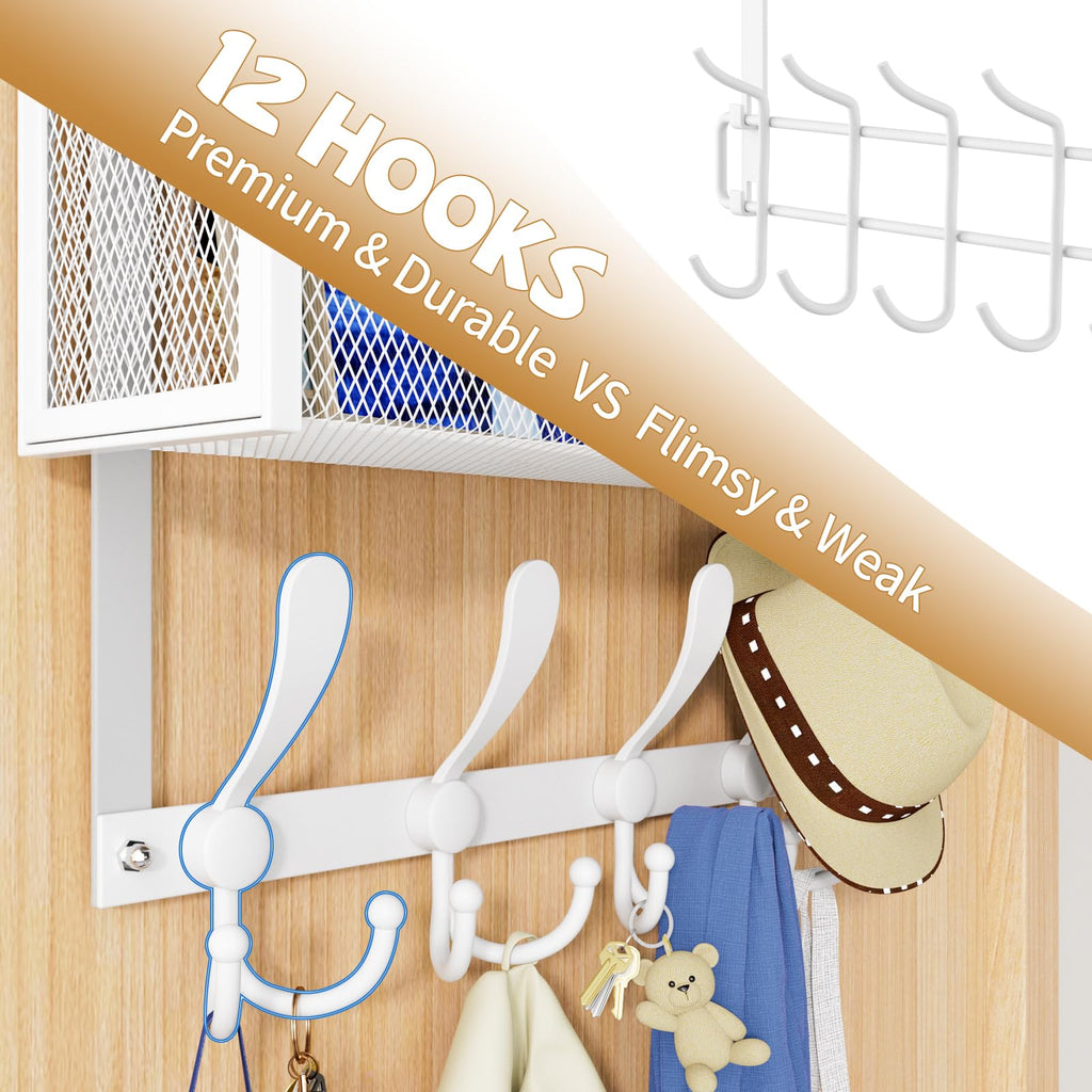 Kaiferty Over The Door Hooks Organizer, Coat Rack Over The Door Storage Hanger Towel Rack, Back of Door Storage Organizer for Bathroom,Bedroom,Kitchen,Office (White, 2-Tier)