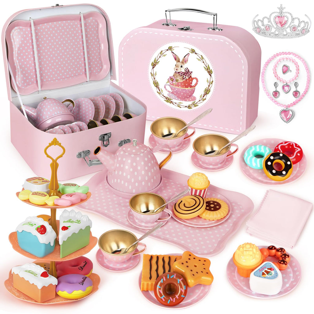 iAOVUEBY Tea Party Set for Little Girls, 49PCS Princess Tea Time Toys Including Tea Set Dessert Carrying Case, Kids Kitchen Pretend Playset, Tea Set for Girls Birthday Toddler Age 3-8, Pink
