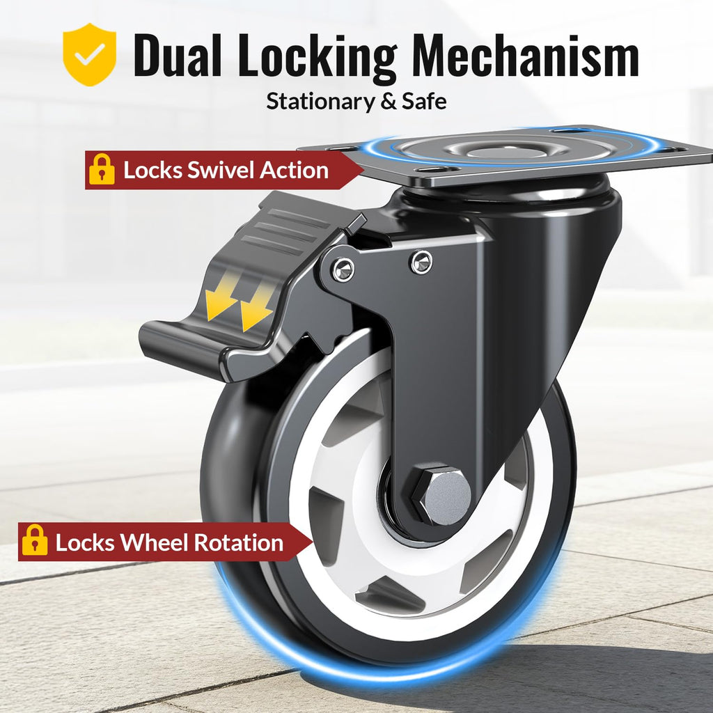4 inch Heavy Duty Caster Wheels, Set of 8 Swivel Casters with Safety Dual Locking, 2400 lbs Total Capacity, Noiseless Polyurethane Wheels for Workbench, Cart, Industrial (Screws Included)