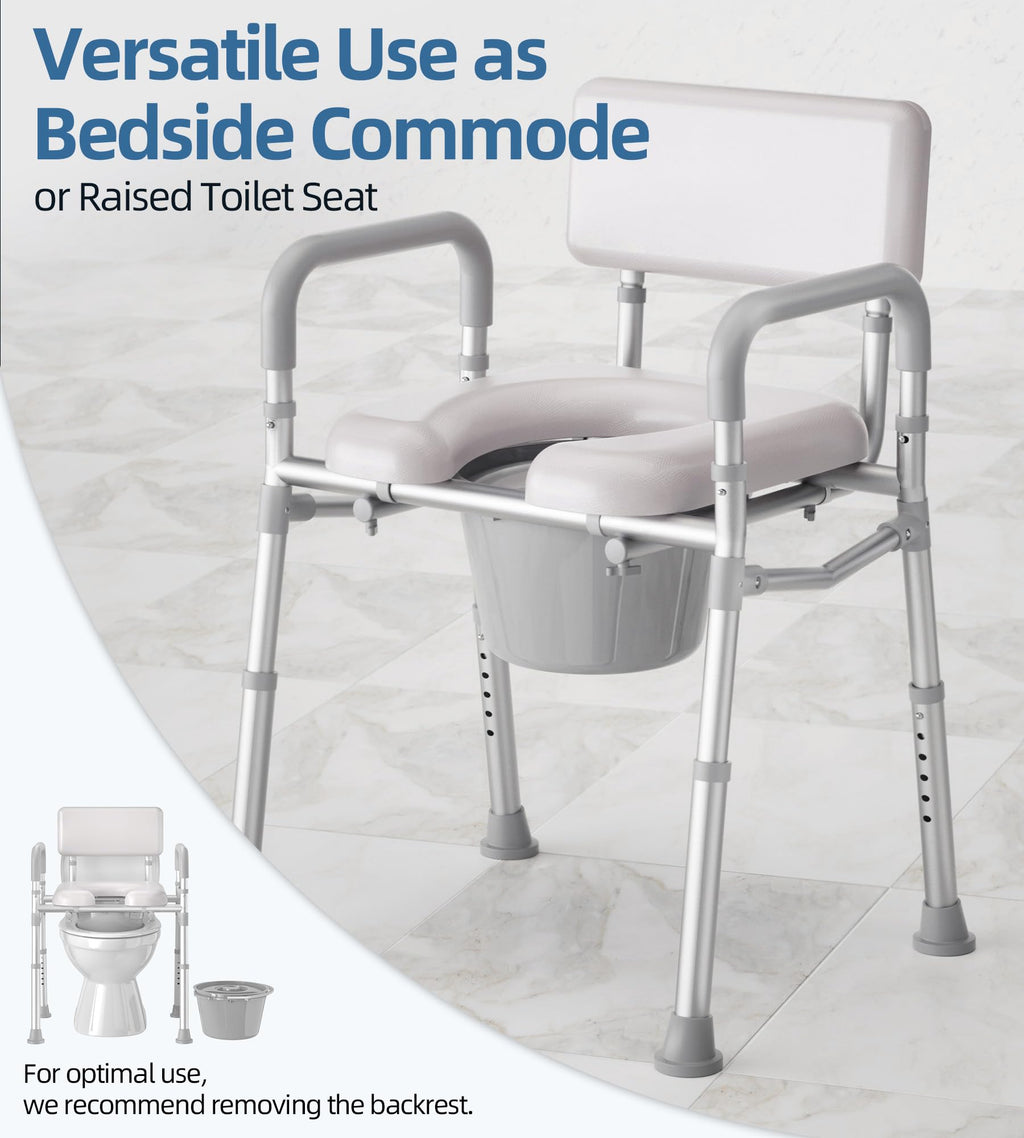 HOMLAND Bedside Commode with Padded Seat and Backrest, Aluminum Commode Toilet with Bucket, Easy Cleaning Portable Toilet for Adults and Seniors, 350 lb Capacity Enhanced Crossbar