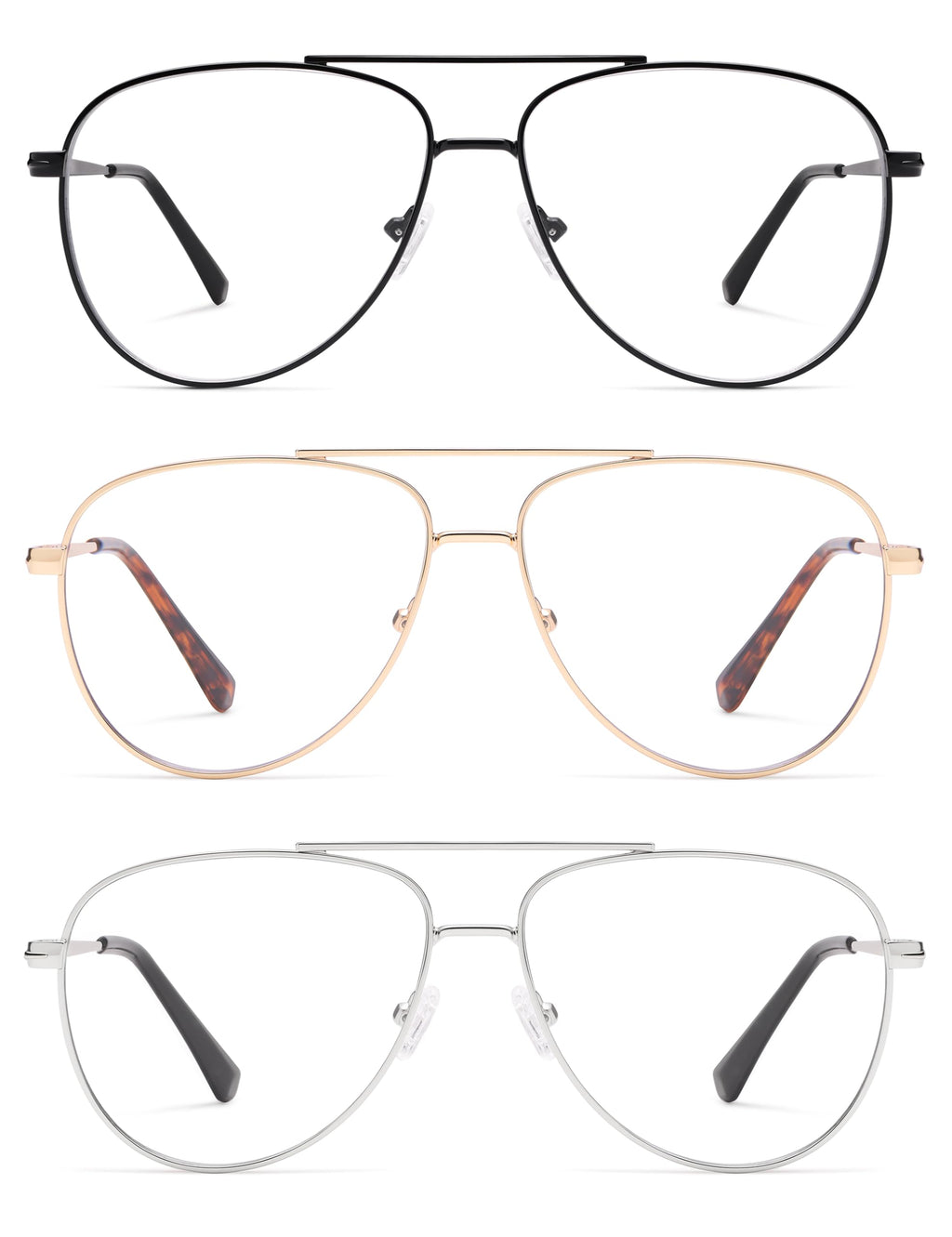 AMOMOMA Aviator Reading Glasses for Women,Men Blue Light Blocking Computer Readers Trendy Retro Metal Frame AM6162US, Black&Gold&Silver 1.00x