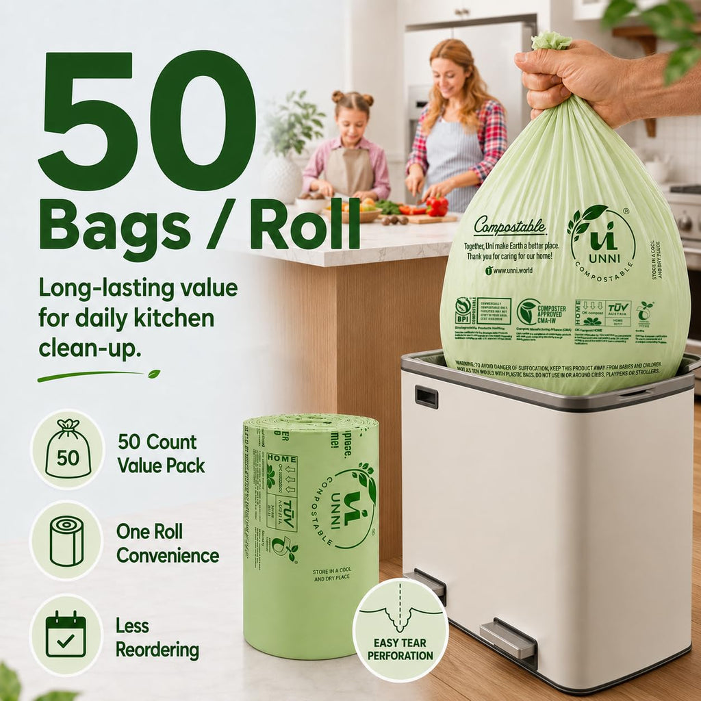 UNNI Compostable Trash Bags, 8 Gallon / 30 Liter, 50 Count, Extra Thick 0.85 mil Medium Kitchen Food Scrap Bin Liners, Certified by BPI, CMA & OK compost HOME, Meets the ASTM D6400 Standard