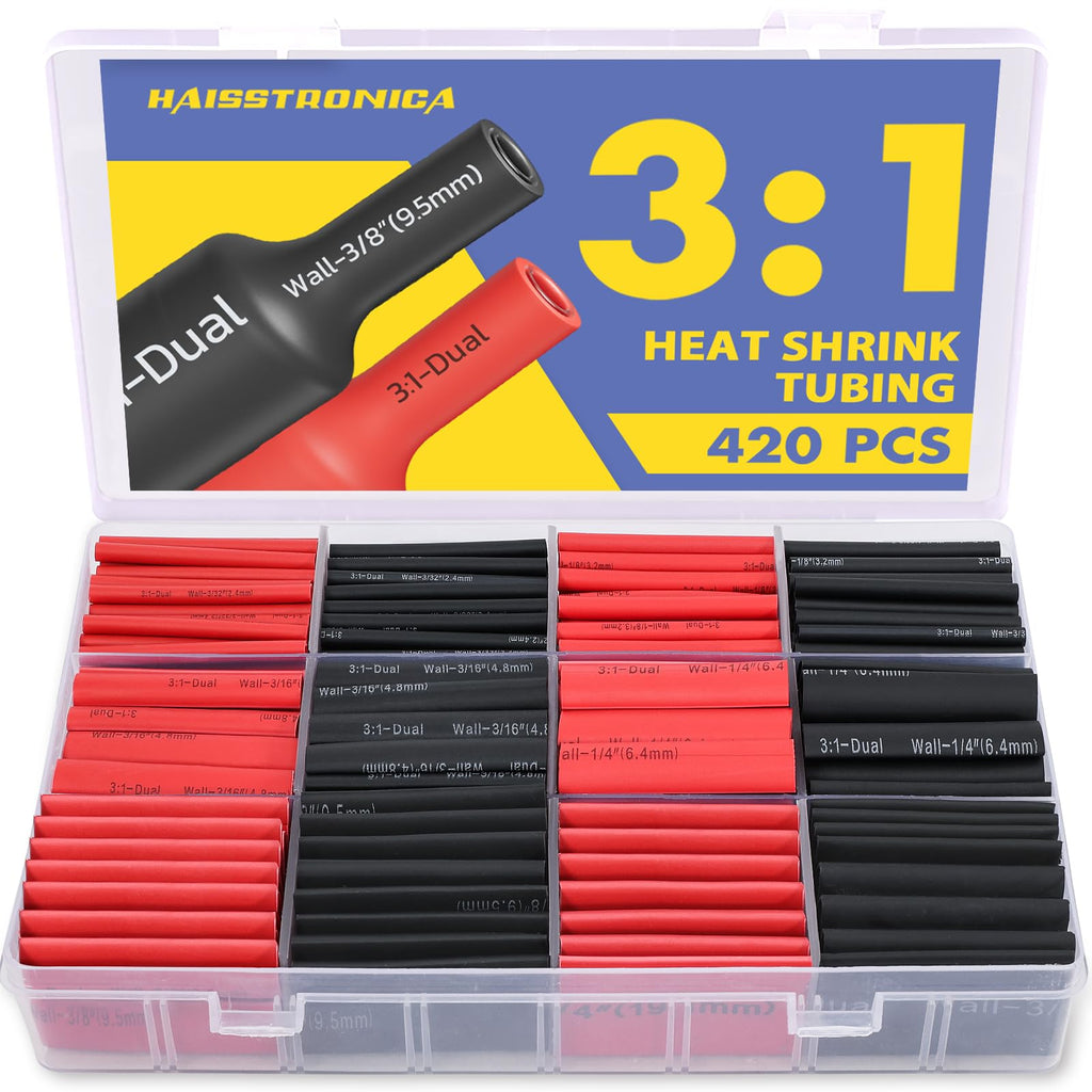 haisstronica 420PCS 3:1 Heat Shrink Tubing Kit, Adhesive Lined Marine Resistant Grade Shrink Wrap - 1.75" length 7 Size for Home and Industrial, 3/32"-3/4" - Black, Red