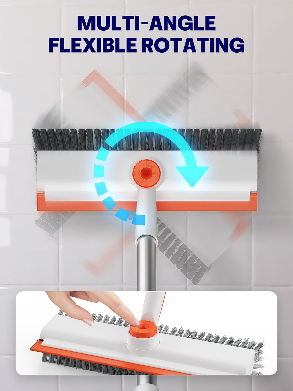 HelpX Floor Scrub Brush with Long Handle, 3 in 1 Scrape and Heavy-Duty Stiff Bristle Floor Scrubber Brush with Squeegee and Tweezer for Cleaning Tile Wall Deck (Orange and White)