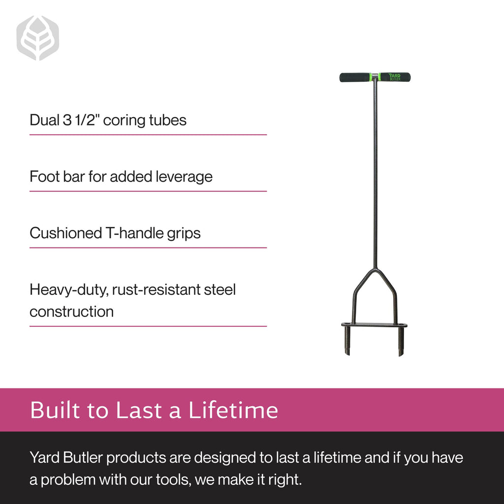 Yard Butler Manual Lawn Coring Aerator, ID-6C - Lawn Care Tool for Aerating - Long-Handled - Power-Coated Steel Construction - Comfortable Cushioned Handles Garden Tool - Easy to Use