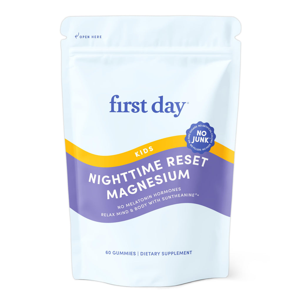 FIRST DAY Kids Magnesium Citrate Gummies (Ages 4+) with No Melatonin | Calm Kids Magnesium Gummies | Bedtime Supplement for Better Sleep with Suntheanine® L-Theanine | Strawberry | 30-Days Supply