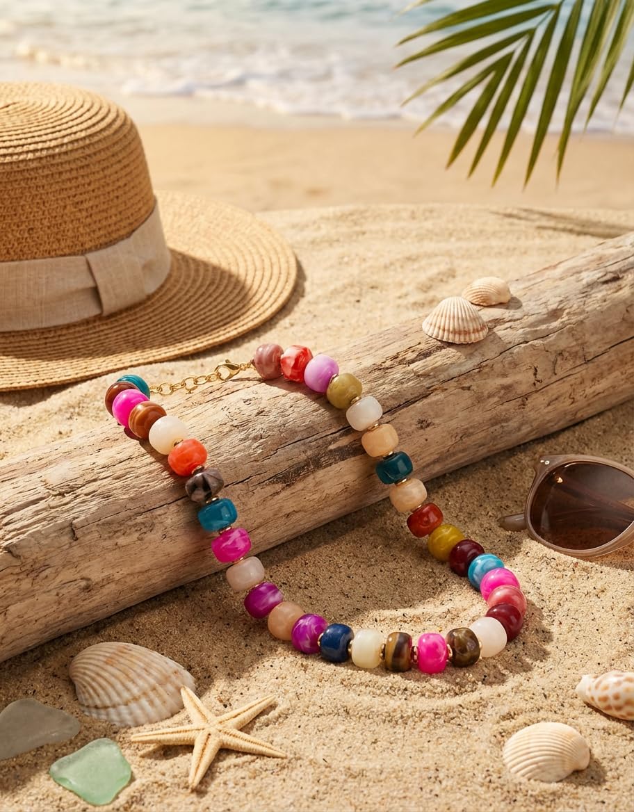 TENTMENTISE Colorful Beaded Necklace for Women, Gold Statement Choker Necklace, Chunky Bead Necklaces for Women, Womens Summer Beach Jewelry Gifts
