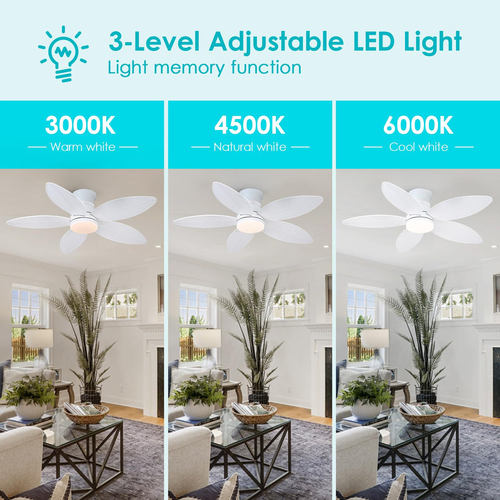 Surtime 46" White Ceiling Fans with RGB Lights - Flush Mount Ceiling Fan Light with LED 3CCT Dimmable, Tropical Palm Leaf Ceiling Fans for Indoor Party,Covered Outdoor