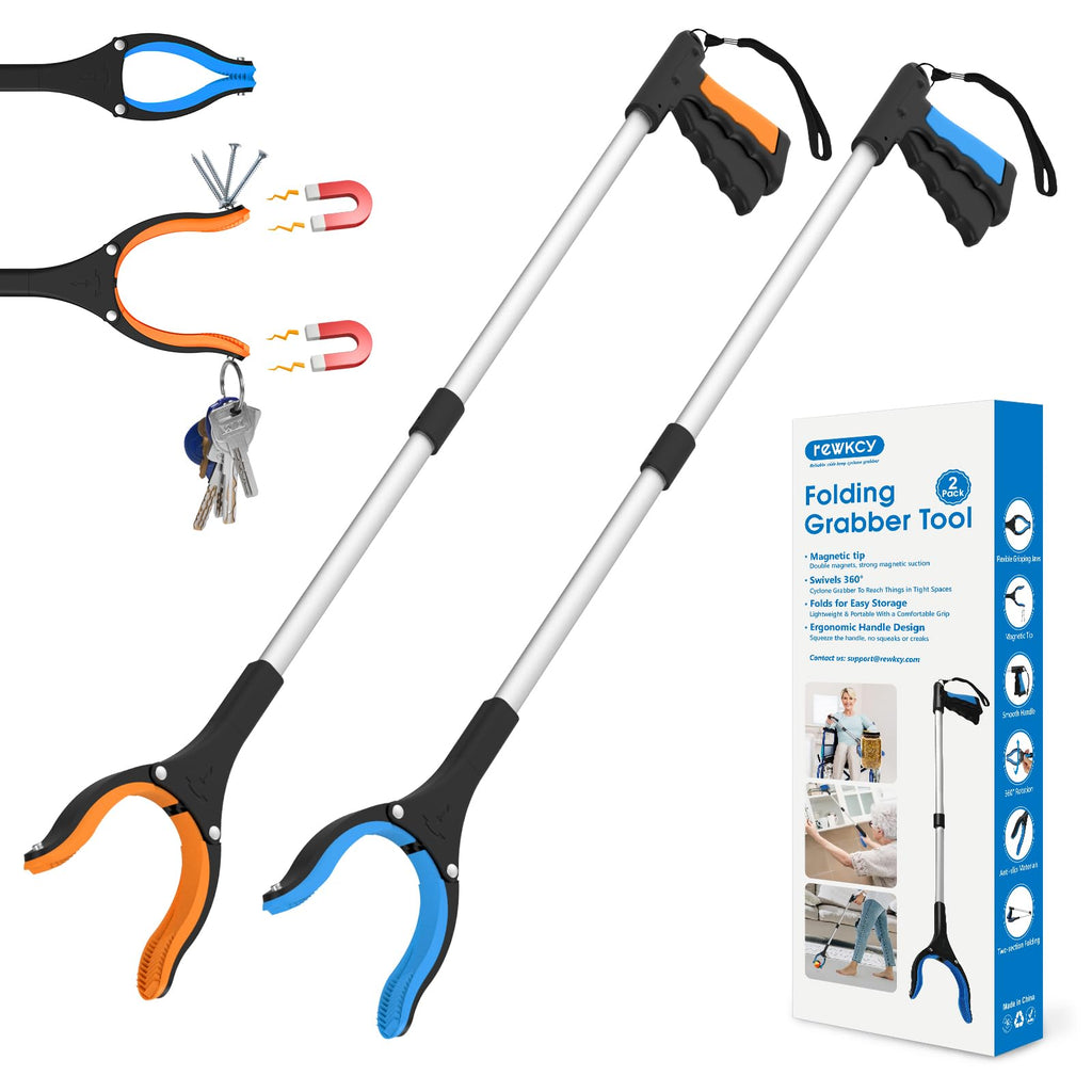 REWKCY 34" Grabber Reacher Tool, 2-Pack Foldable Reacher Grabber Pickup Tool with 360° Rotating Jaw & Magnets, Grabber Tool Heavy Duty