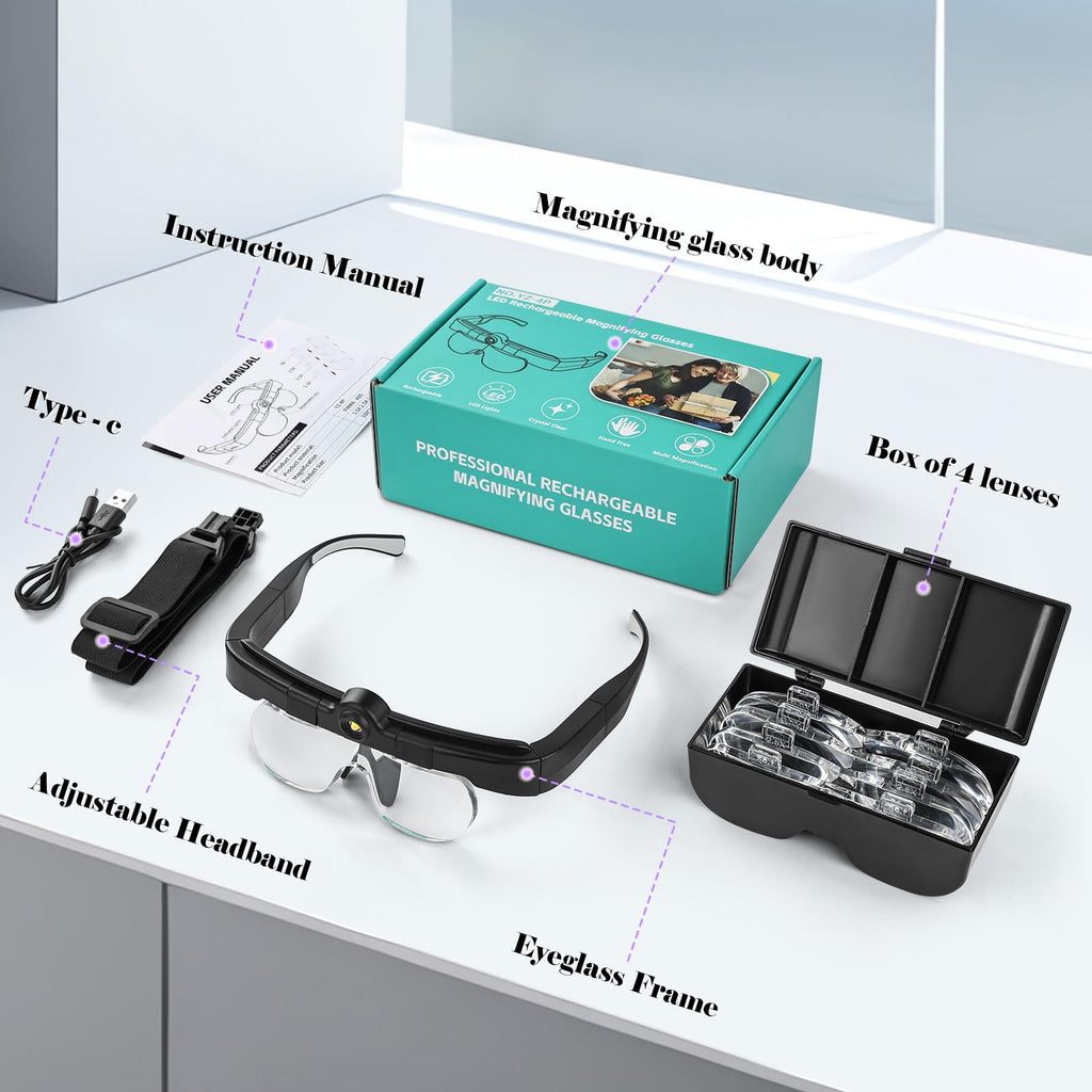 Magnifying Glass with Lights, Headband Hands Free Magnifying Glasses for Close Work, Flip-up Magnifier with 3 Color Temperature, 1.5X to 5.0X Lenses for Jewelry Crafts Soldering Repair (Black)