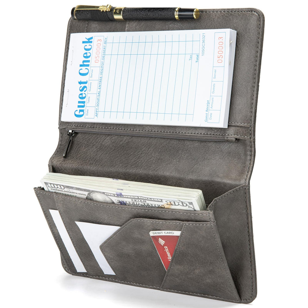 Server Book with Zipper Pocket and Magnetic Closure, Server Books for Waitress, Leather Waitstaff Organizer with High Volume Money Pocket, Fit Server Apron (Grey)