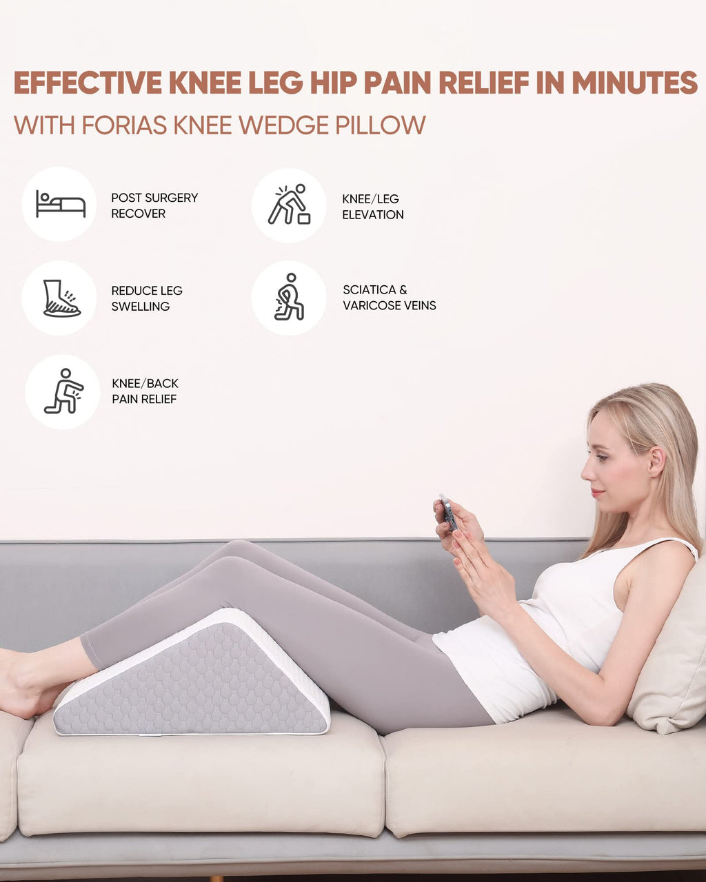 Forias Knee Wedge Pillow, 8" Pure 40D Memory Foam Knee Surgery Pillow Under Knee Pillow for Back Sleeping Post-Surgery Recovery Triangle Pillow for Sciatica Ankles Hip Knee Support