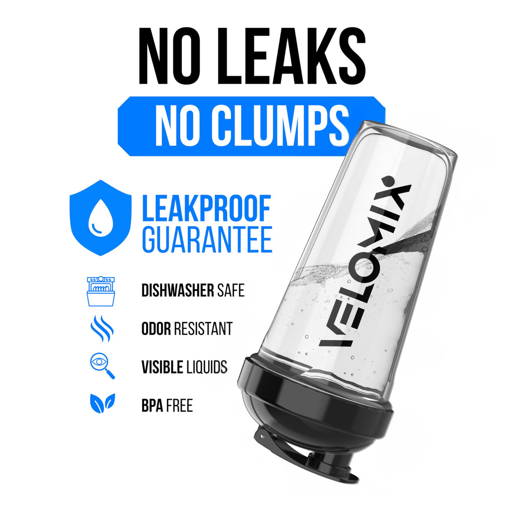 VELOMIX -6 PACK- 28 oz Protein Shaker Bottle for Protein Mixes -6x Wire Whisk | Leak Proof Shaker Cups for Protein Shakes | Large, Stackable Protein Shaker Bottle Pack (Blacks and Transparents)