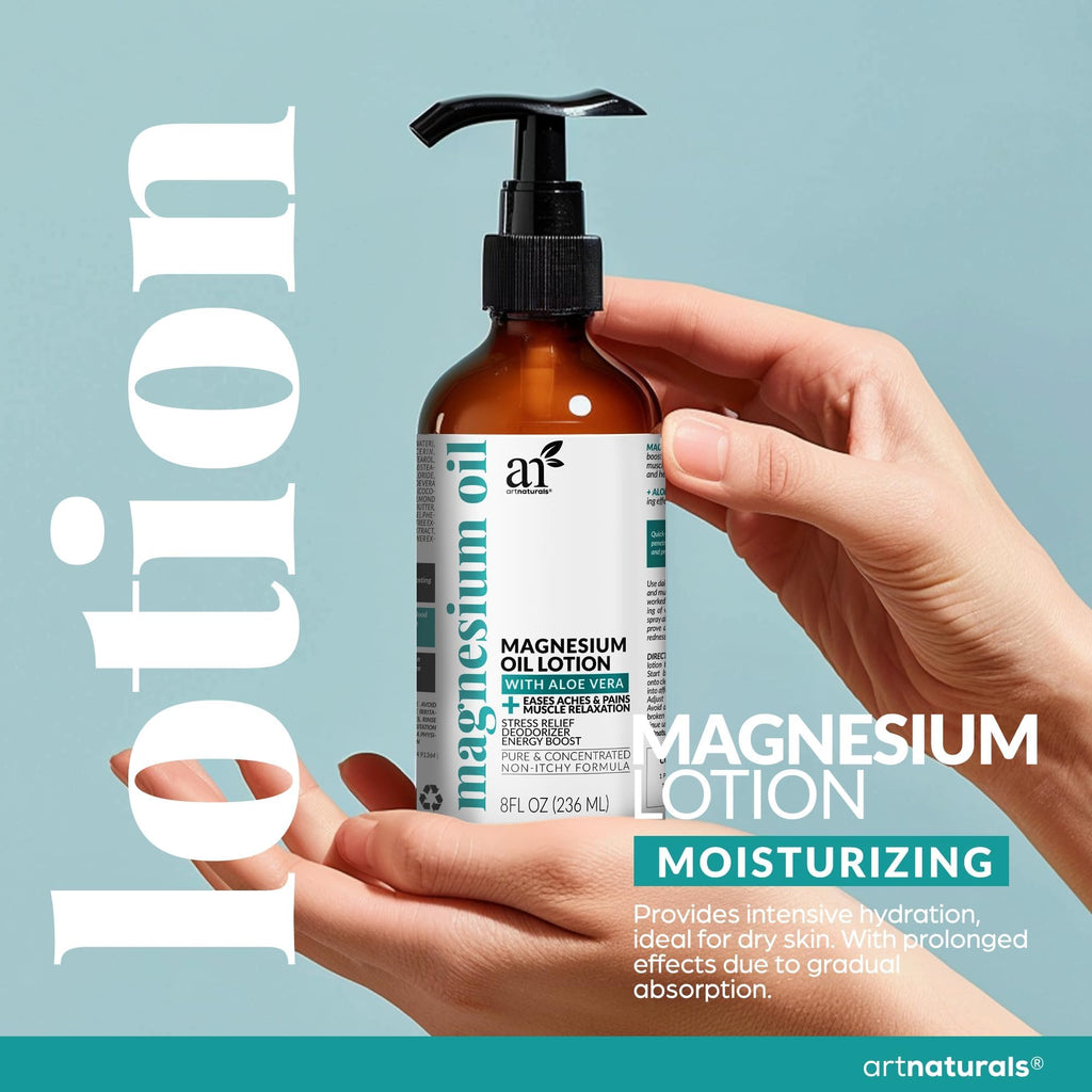 ArtNaturals Magnesium Oil Spray 12 oz + Body Massage Lotion Set 8oz for Feet & Sleep - Extra Strength Cream Ultra-Pure, Relief & Relaxation, Muscle Health Leg & Joint Care Topical Non Itch