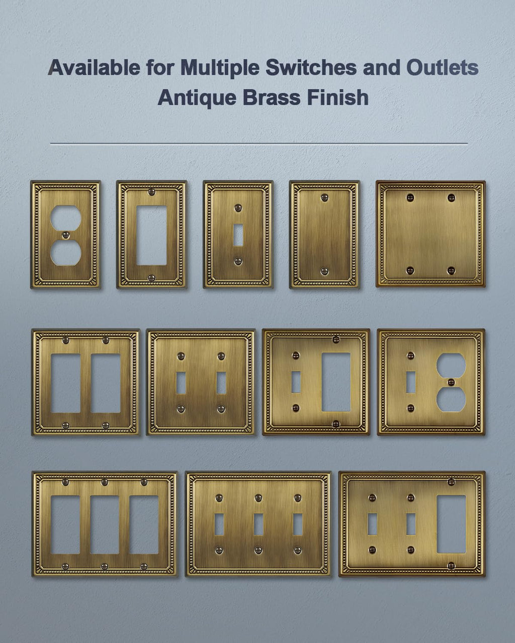 ZILLSEA Metal Wall Plates, Switch Plates and Outlet Covers, Decorative Pearl Design (1 Duplex 4PK, Antique Brass, Midsize)