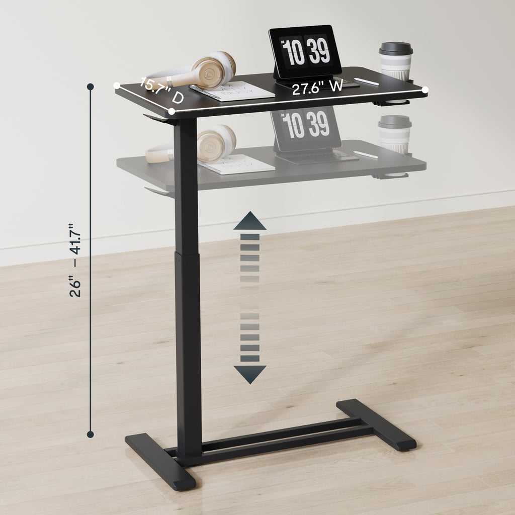 FLEXISPOT H7 Adjustable Overbed Bedside Table with Wheels Pneumatic Mobile Standing Desk Laptop Desk Rolling Computer Cart Movable Overbed Tables Hospital Home Use(27.6" W x 15.7" D, Black Table)
