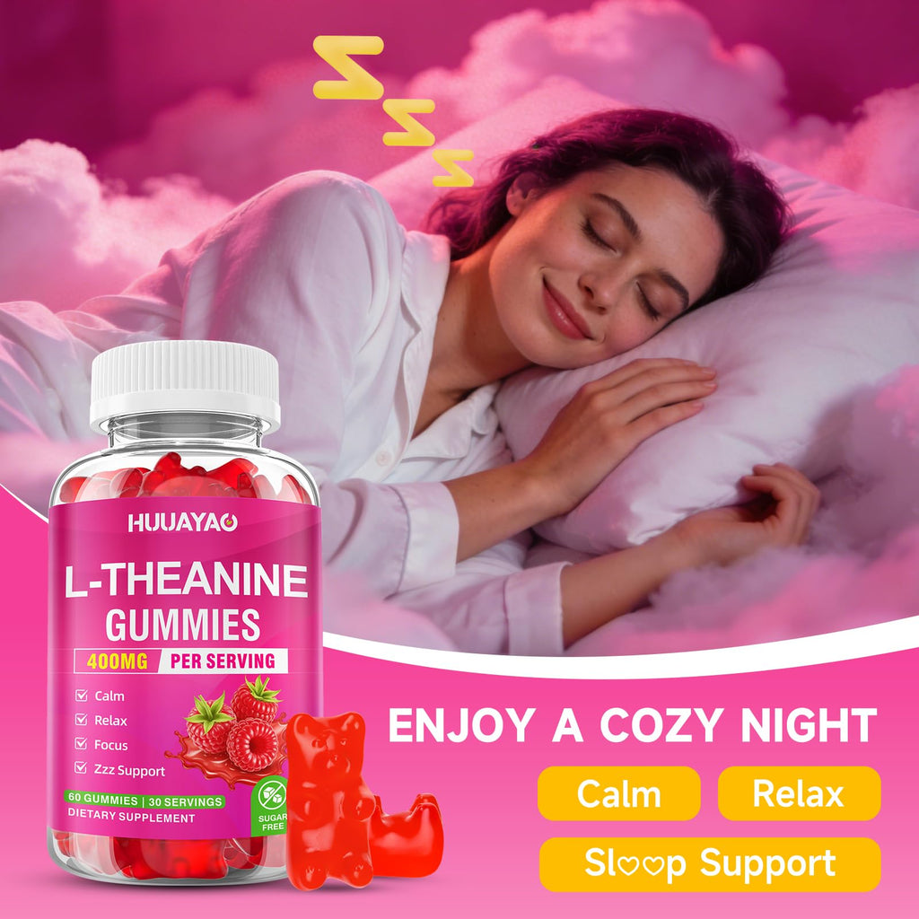 HUUAYAO L-Theanine Gummies 400mg, L-Theanine Supplement for Kids & Adults with Ashwagandha, GABA, 5HTP for Calm, Zzz & Relaxation Support, Raspberry Flavor, 120 Counts