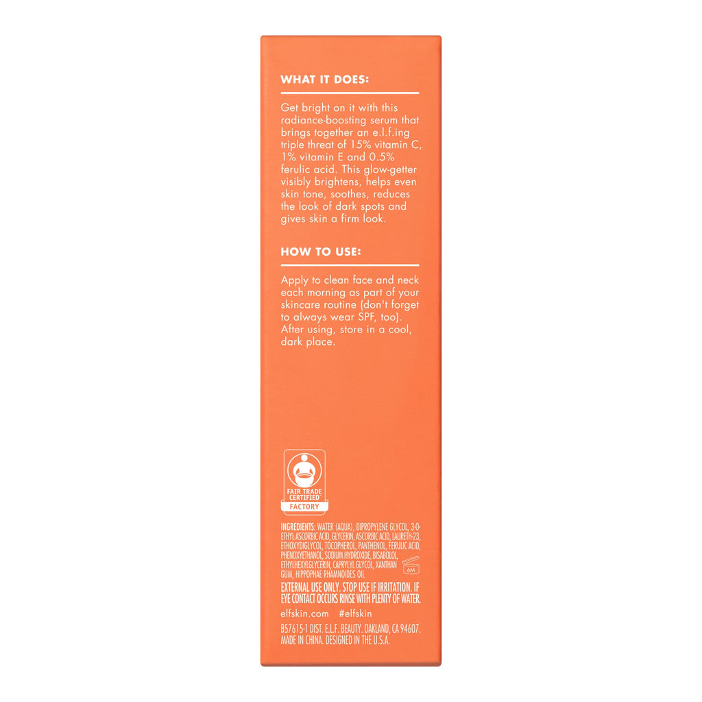 e.l.f. SKIN Bright Icon Vitamin C + E + Ferulic Serum, Brightening & Soothing Face Serum, Helps Even Skin Tone, Vegan & Cruelty-Free, 1 fl oz