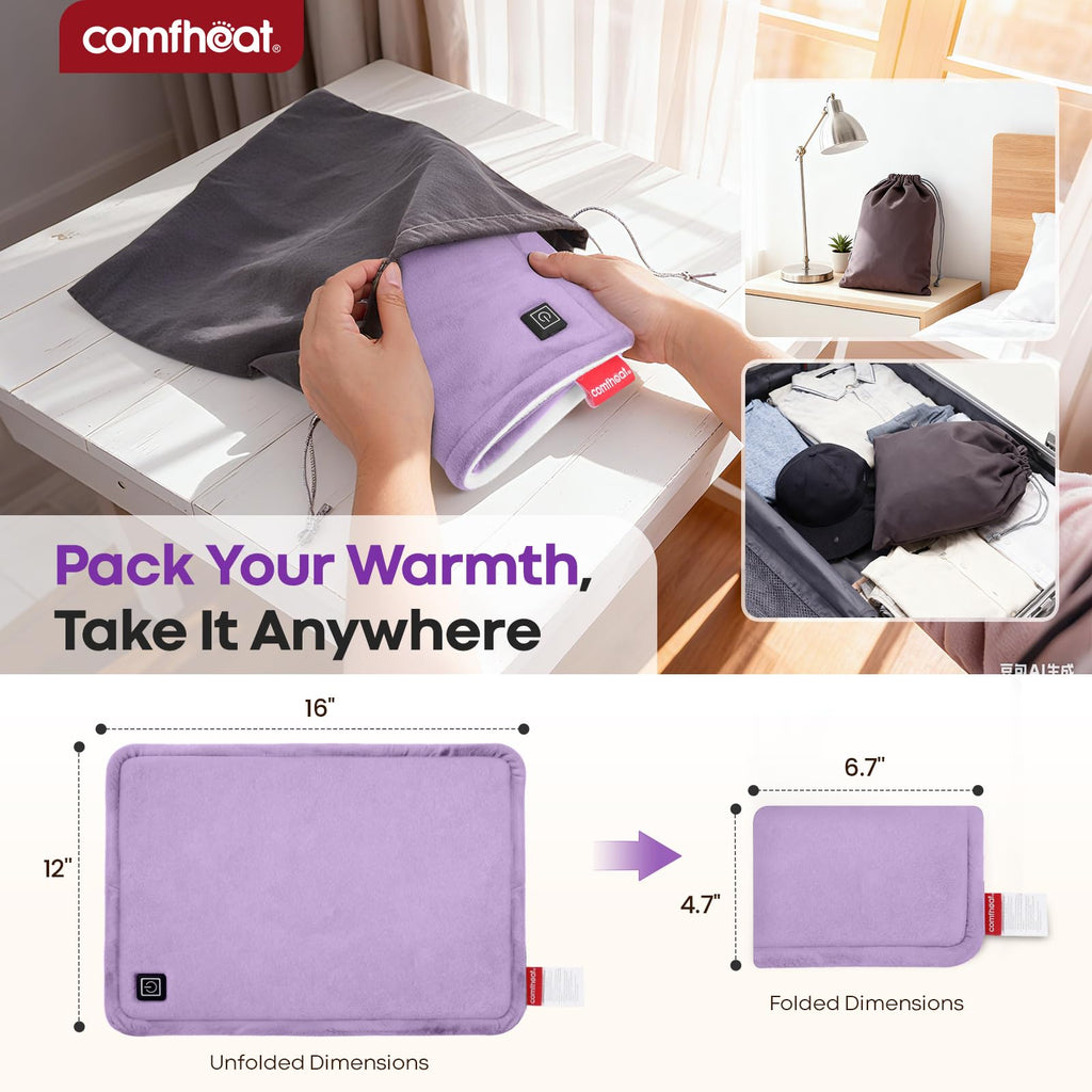 Comfheat USB Plug-in Heating Pad for Travel Warmth Outdoors, Non-Rechargeable Small Heated Pad 5V Heat Therapy for Pain Relief Abdomen Cramps, 3 Heat Settings & Auto Shut Off (12"x 16") Purple