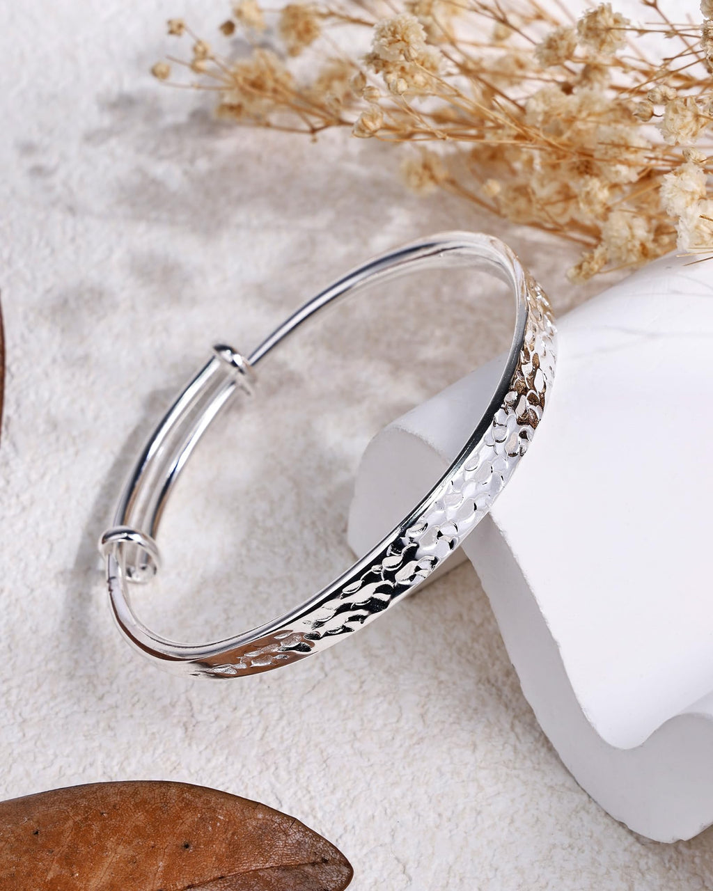 Desnuage Hammered Texture Silver Bracelet for Women - Maximum 8 inches Adjustable Silver Cuff Bangle, Elegant Boho Chic Jewelry Gift
