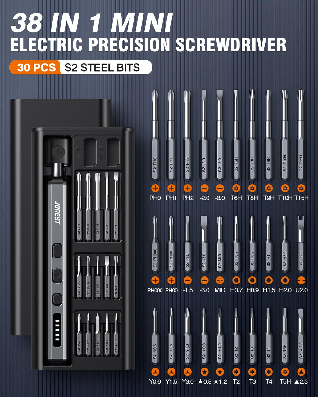 JOREST Mini Electric Screwdriver, Small Cordless Precision Screwdriver set with 38 Magnetic Bits, 5 Torque Settings, Repair Tool for iPhones, Laptop, Drone, Game Console, Camera; Gift for Father
