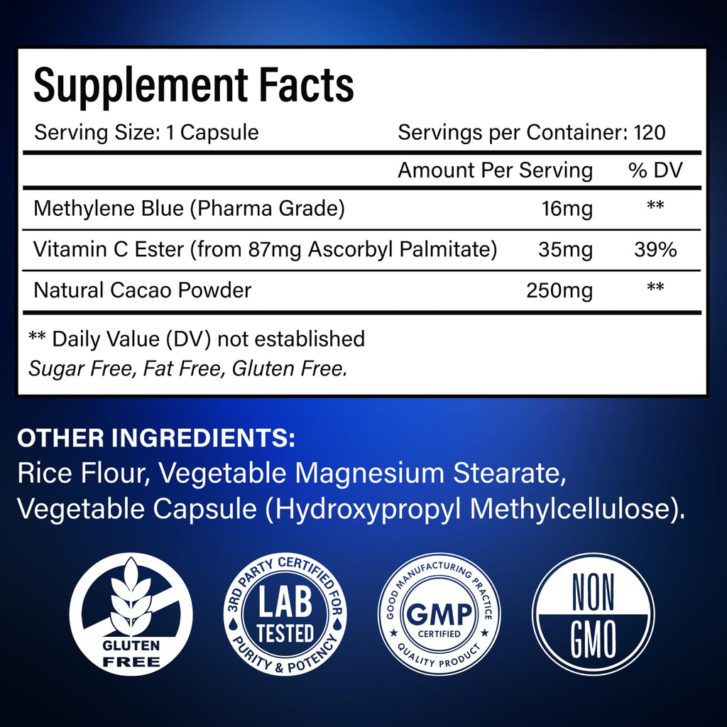 FloraBliss 120 Methylene Blue Capsules (16 mg), with Cacao, Vitamin C Ester
