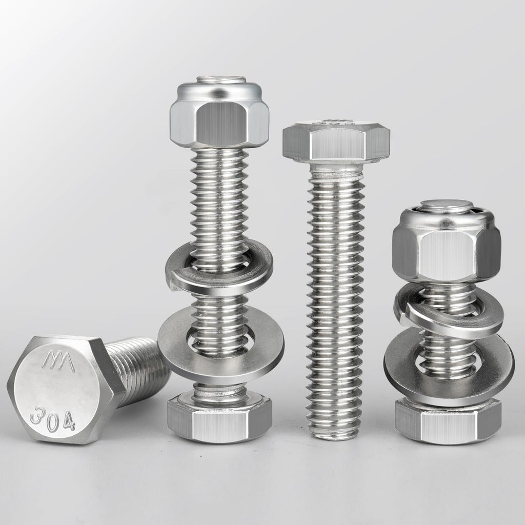 BNUOK (12 Sets) 1/4-20 x 4 Hex Head Screw Bolt,Lock Nuts,Flat & Lock Washers Kits,304 Stainless Steel 18-8,Fully Threaded