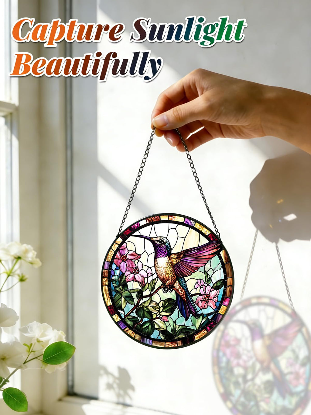 Hummingbird Stained Glass Suncatcher Window Hanging Flowers Gifts for Mom