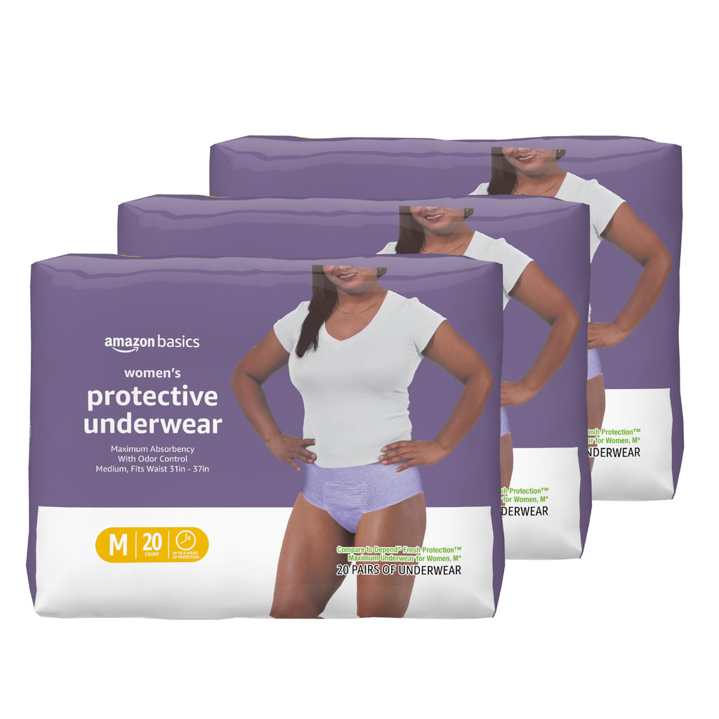Amazon Basics Incontinence Underwear for Women, Protective, Disposable, Postpartum, Maximum Absorbency, Medium, Lavender, 60 Count (3 Packs of 20)