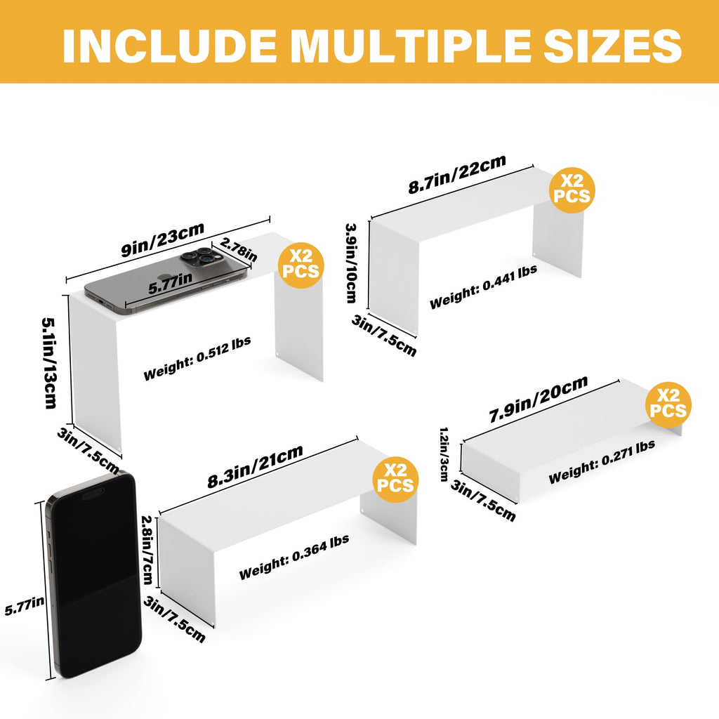 NEETBU White Matte Metal Display Stand,8 Pcs 2 Set Display Risers, Metal Rectangular Display Shelf Holders for Showcase, Dessert, Perfume, Vendor Events, Cupcake Stands, Toys Display Shelves ( 8Pcs-White, 7”L~8”L~9”L )