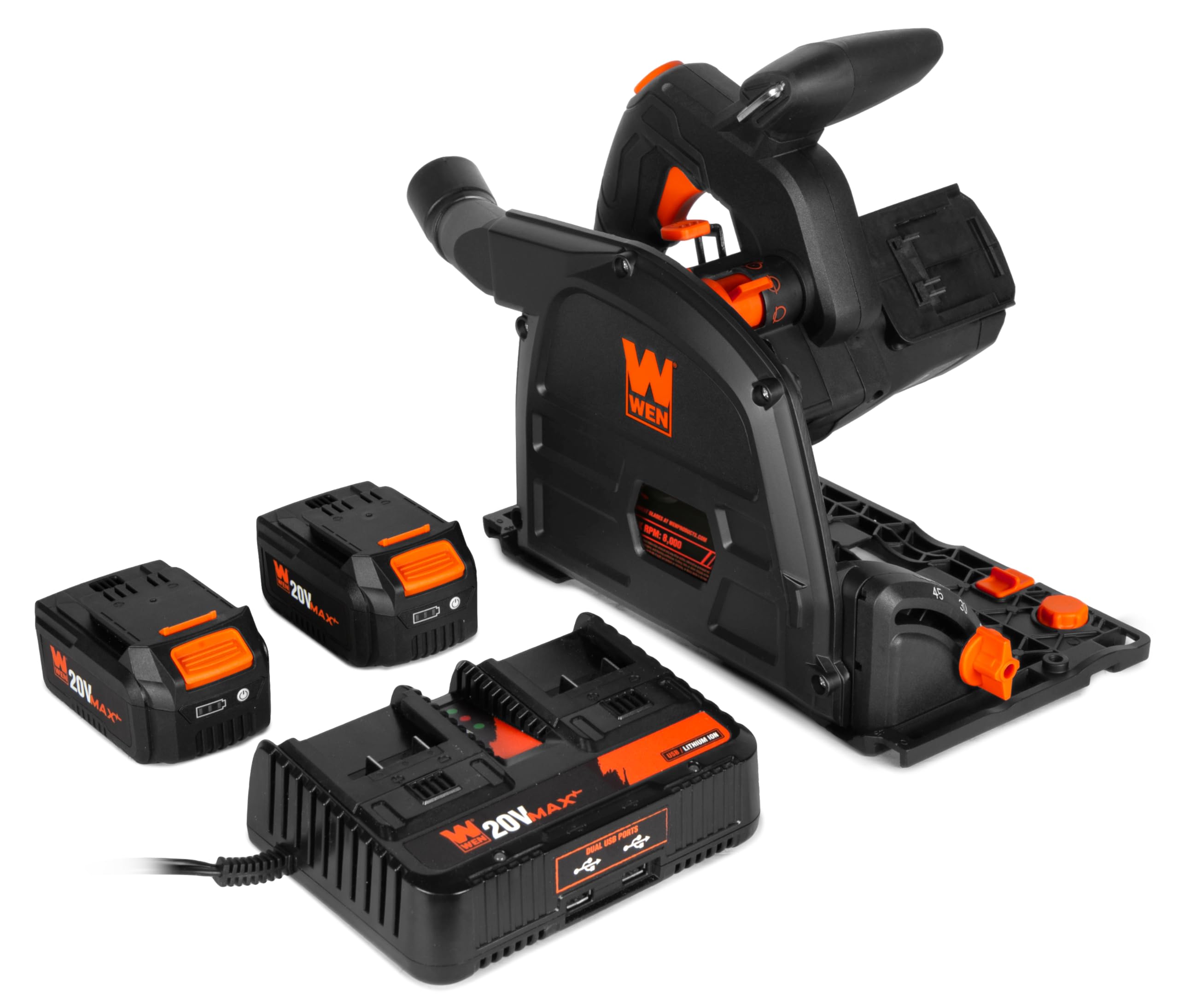 WEN Cordless 6.5-Inch Track Saw, Brushless with Variable Speed, Two 20V Max 4.0 Ah Batteries, and Charger (20691)