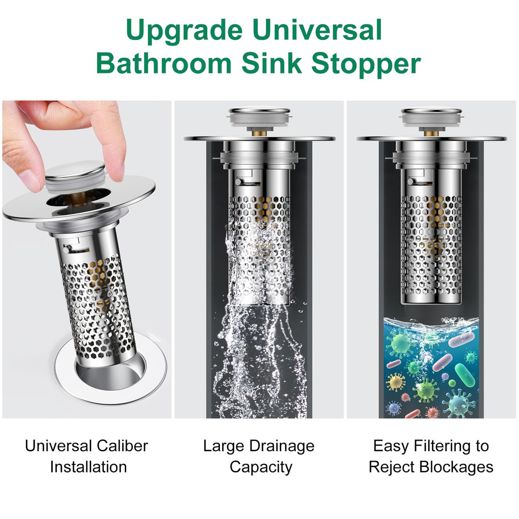 Bathroom Sink Drain Strainer,Universal Pop-Up Sink Stopper Hair Catcher, Anti-Clog Stainless Steel Drain Filter Basket, Removable Sink Drain for Bathroom Sink Stopper (YSilver-2（with Buckle）)