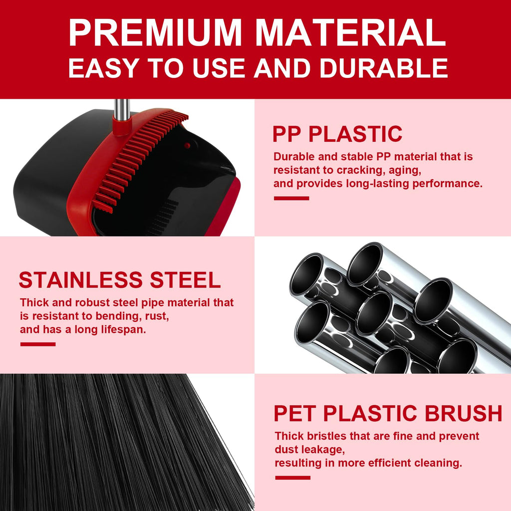 UDUK Broom and Dustpan Set, Large Household Broom with Dustpan Combo Set, 55 Inch Long Handle, Red Dust Pan Combo Set for Home