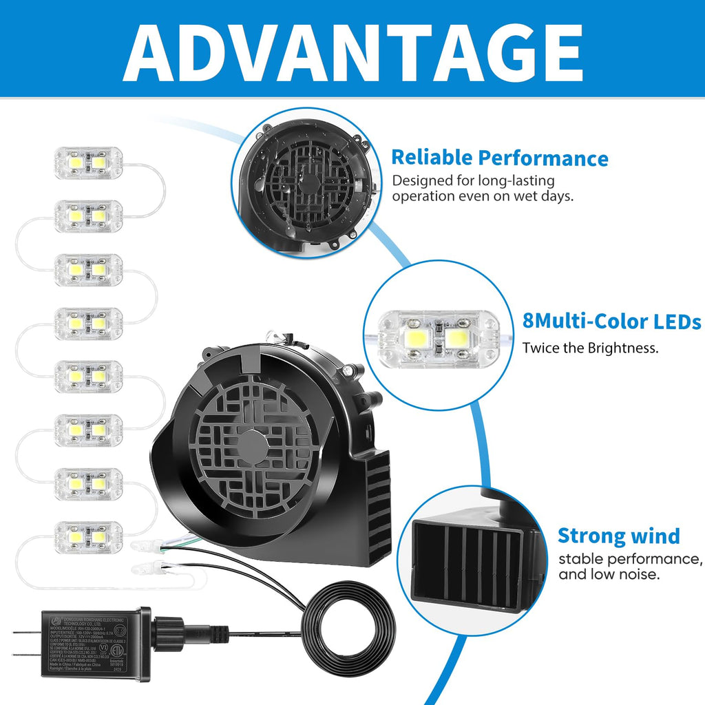 Replacement 1.5A Air Blower Fan for Inflatables, 8 LED Light, 2.0A Adapter