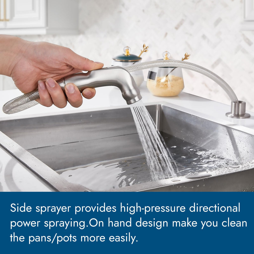 Cinwiny Kitchen Faucets, High Arc 360°Rotating Spout Kitchen Sink Faucet, 2 Handle 8 Inch Centerset RV Kitchen Faucet with Supply Lines, 3 or 4 Hole Kitchen Faucet with Side Sprayer, Brushed Nickel