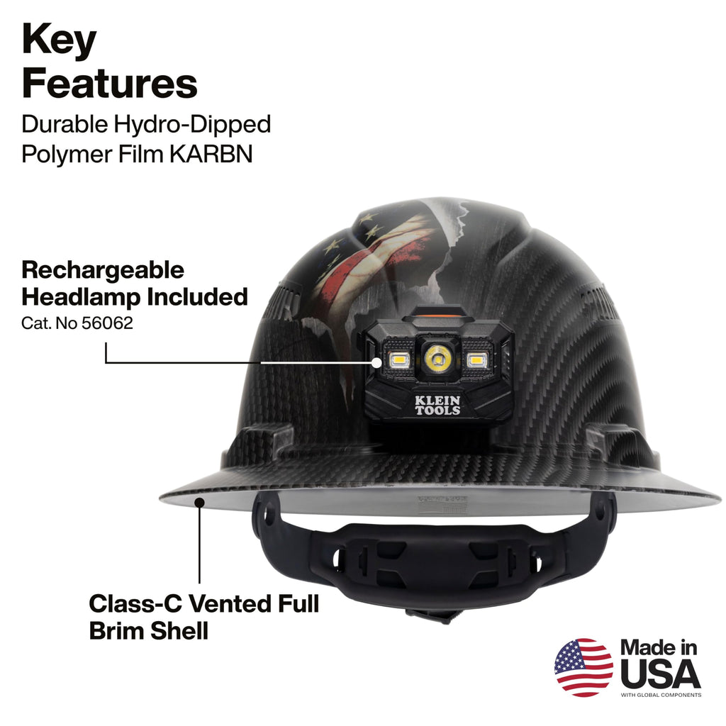 Klein Tools 60347FS Hard Hat, Vented Full Brim, Class C, Premium KARBN Freedom Series Pattern, Rechargeable Lamp, Padded Sweat-Wicking Sweatband, Top Pad