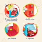 B. toys – Bingo’s Garage – Vehicle Playset Car Garage with Spiral Ramp – Working Elevator with 2 Toy Cars – 3 floor playset – 18+ Months