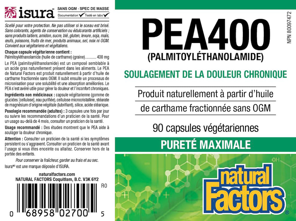Natural Factors PEA400 - Pure Palmitoylethanolamide for Relief - Supports Nervous System & Occasional Discomfort - Non-GMO - 90 Capsules (90 Servings)