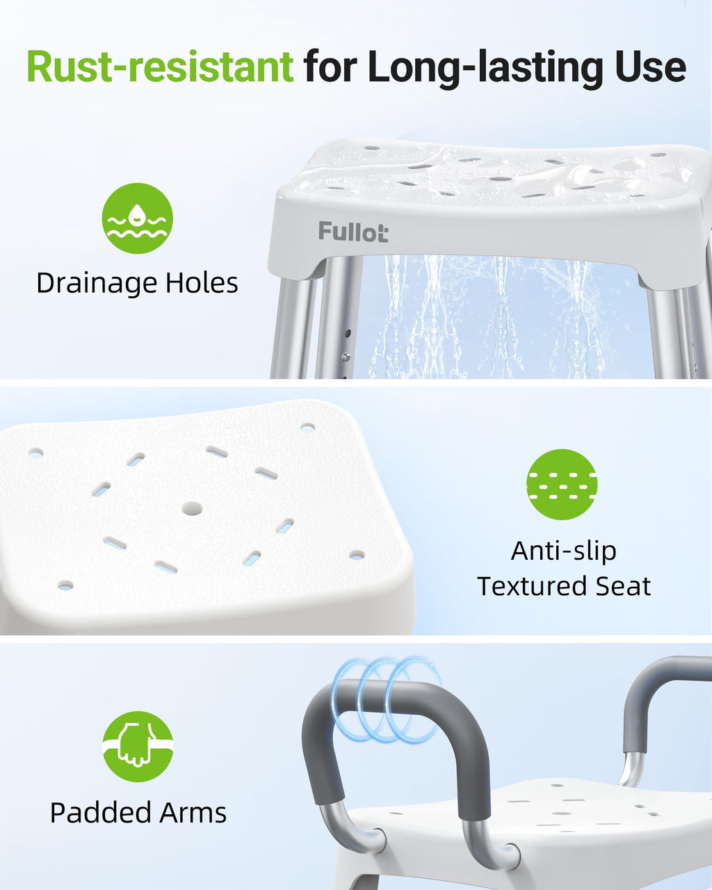 Widened Shower Chair for Inside Shower with Back & Arms,400 lbs Heavy Duty & Adjustable Shower Chair for Elderly and Disabled, Non-Slip Shower Seat, Tub Bath Chair, Tool-Free