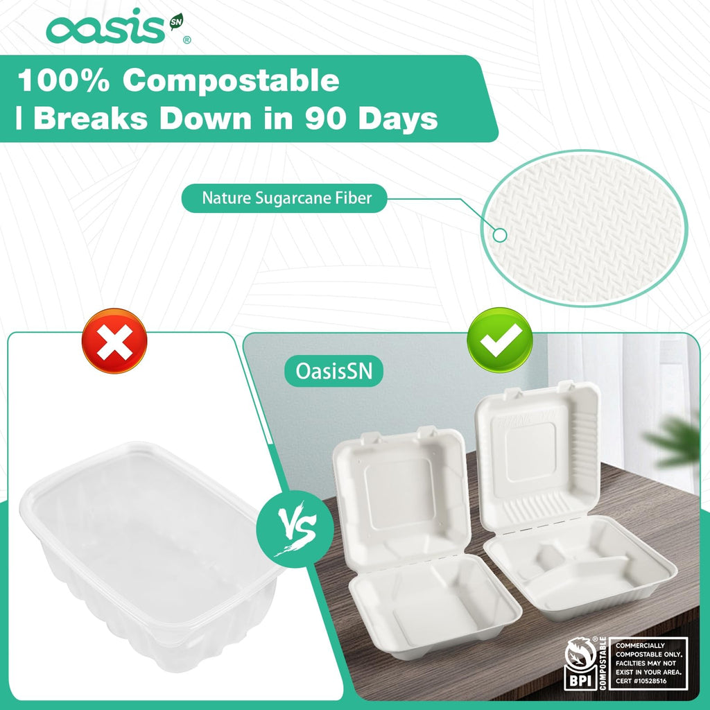 OasisSN 8×8", 68-Pack Disposable Clamshell Take Out Food Containers, Biodegradable Paper To Go Boxes for Burgers, Sandwiches, Fries & More (White)